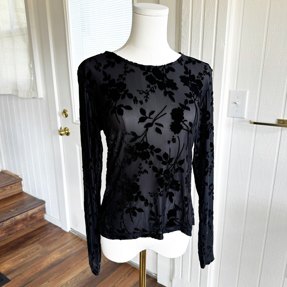 Rachel Zoe Womens Sheer Velvet Burnout Floral Top M Black Whimsigoth Goth Layer